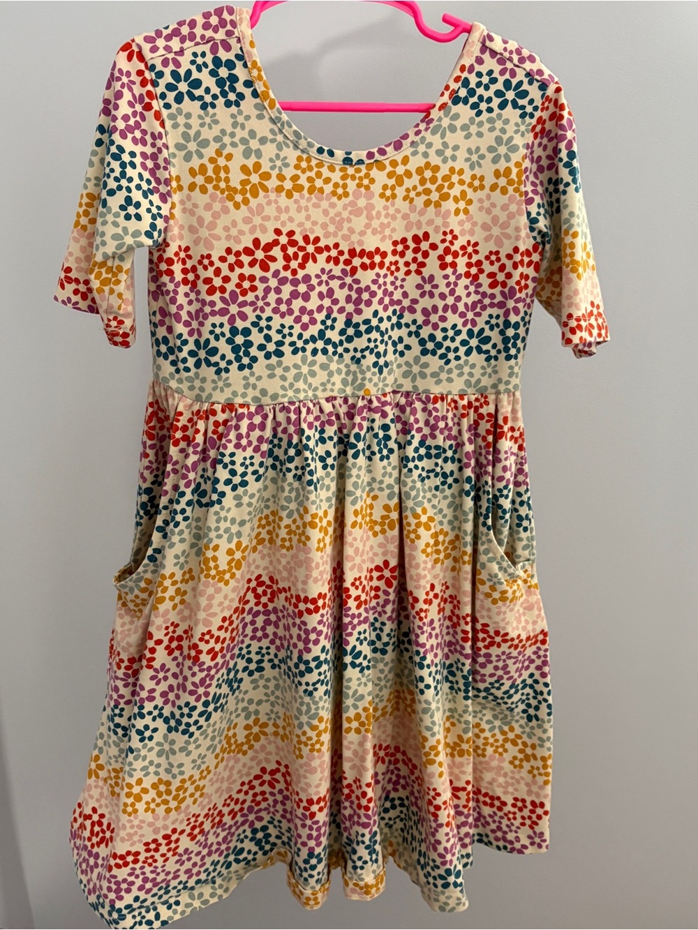 Hanna Andersson Cream Dress with Rainbow Floral Dot Stripes